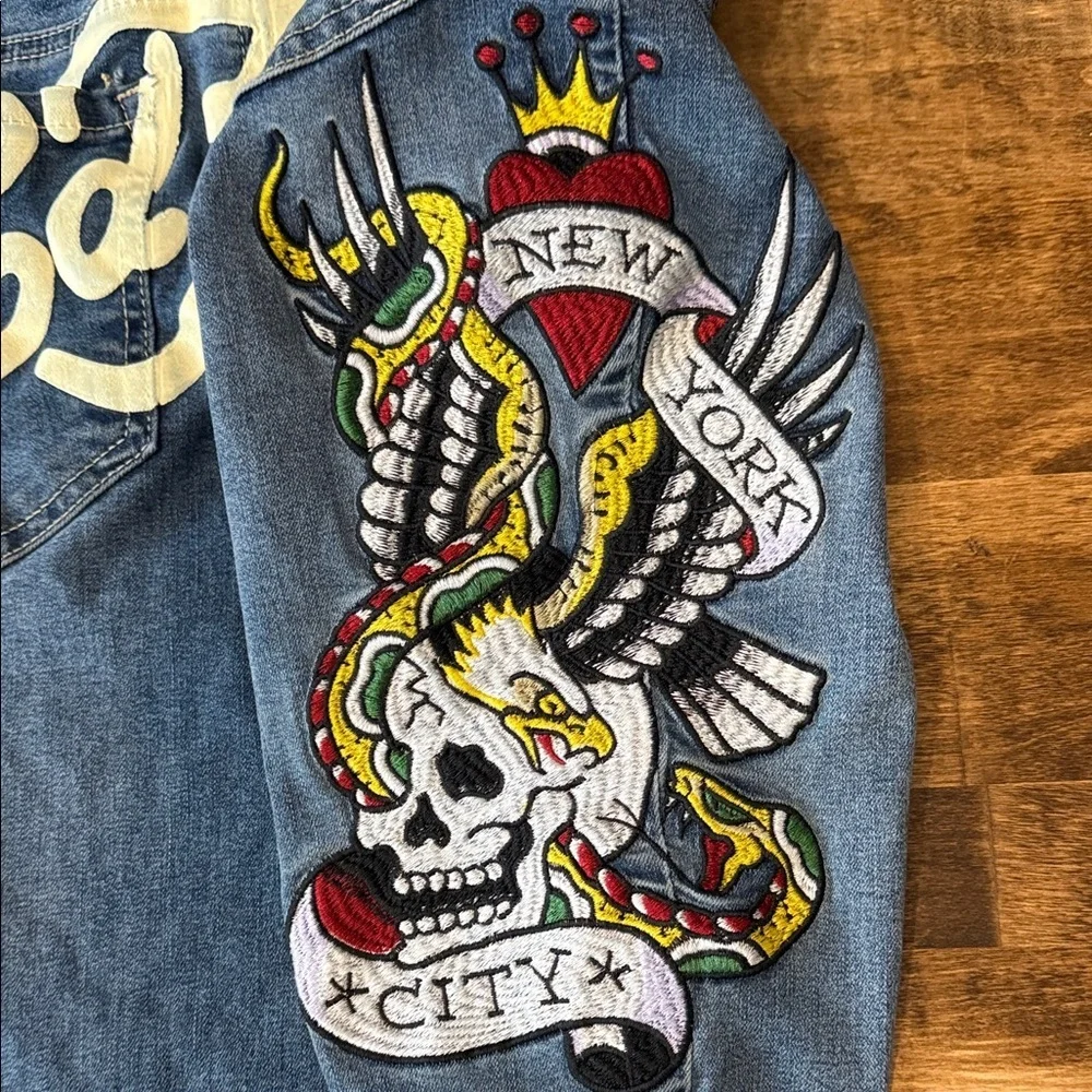 ED HARDY Vintage Y2K Flare Jeans  Embroidery Size 28 - Picture 4 of 14